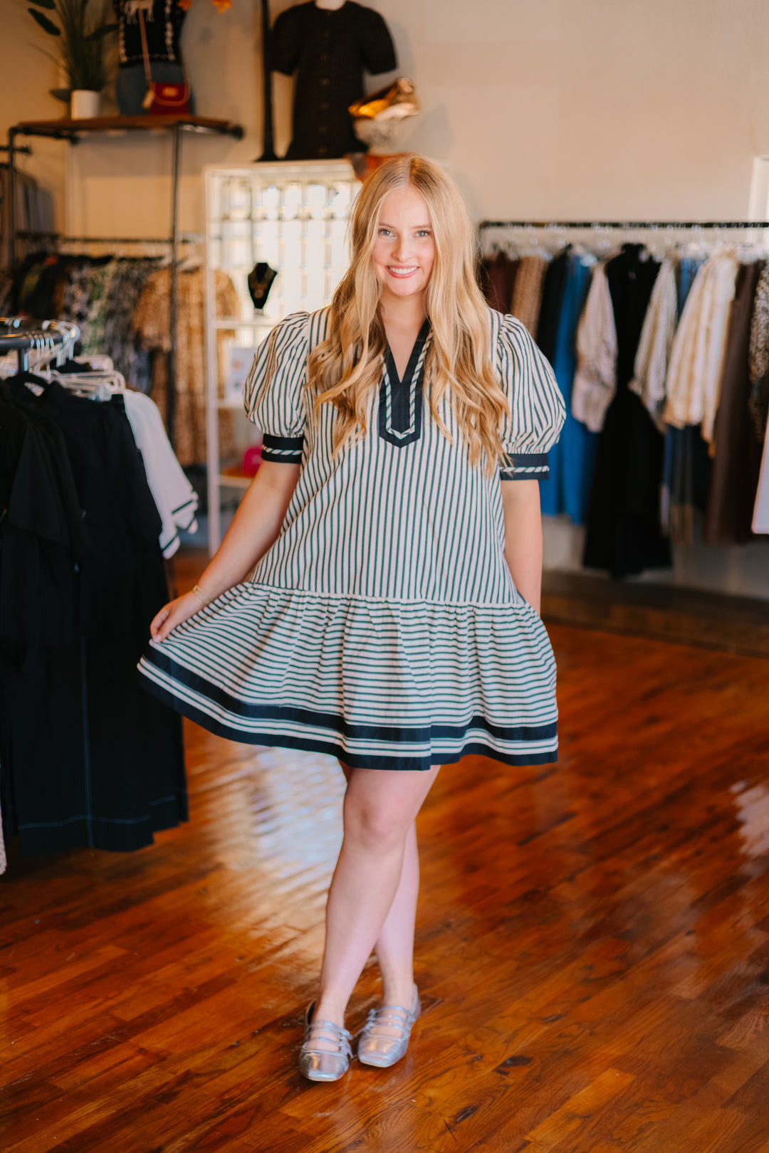 Striped Puff Sleeve Mini Dress