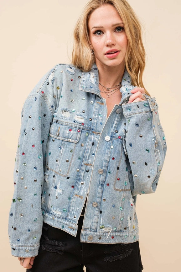 Distressed Jewel Denim Jacket
