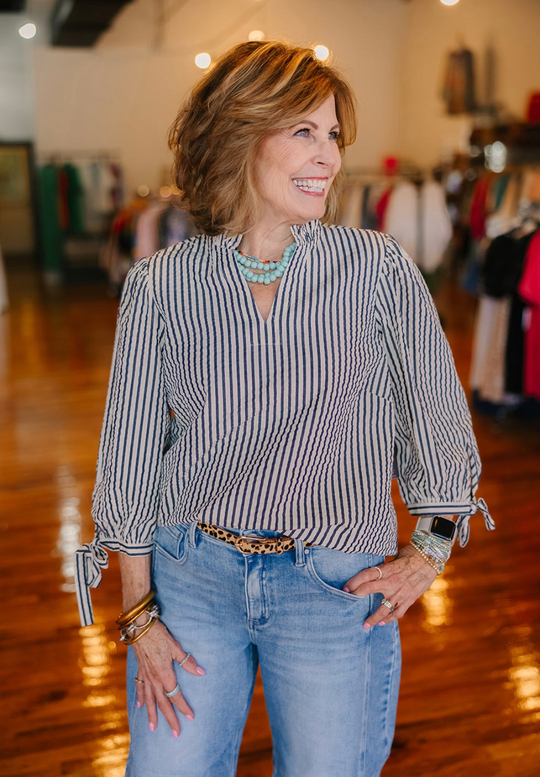 Woven Striped Pop Over Top