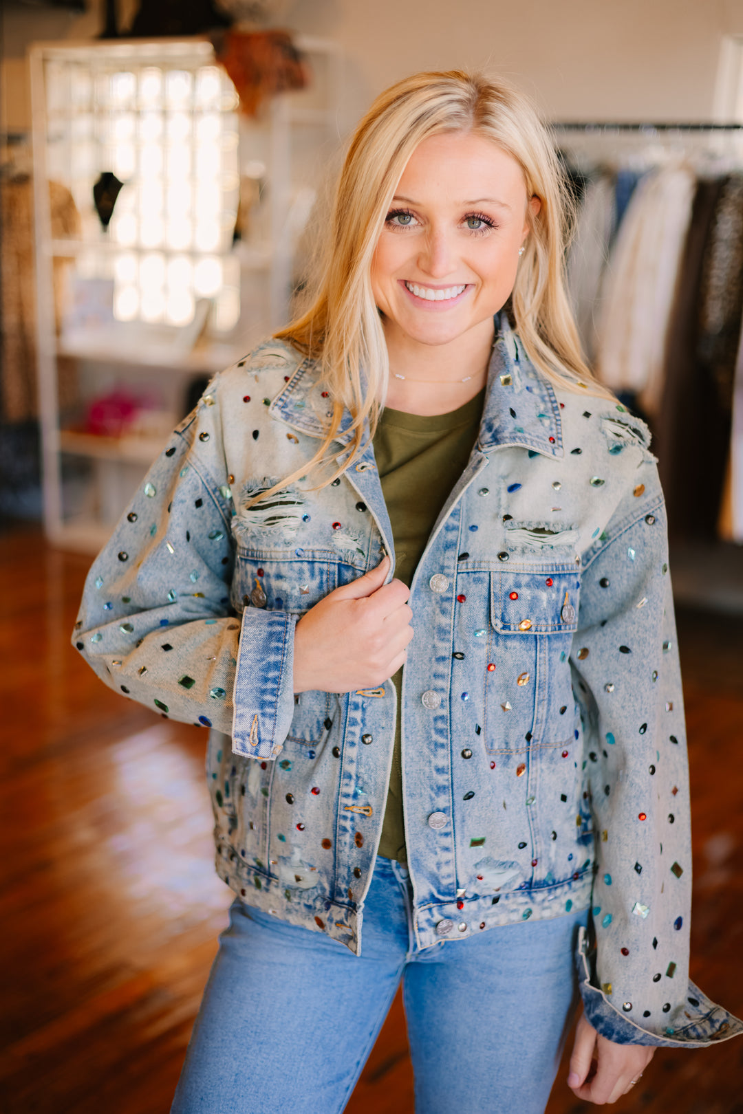Distressed Jewel Denim Jacket