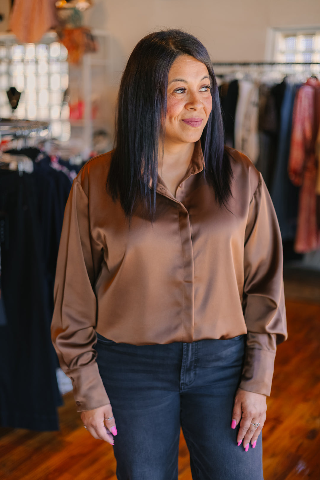 Satin Placket Cover Button Up Shirt