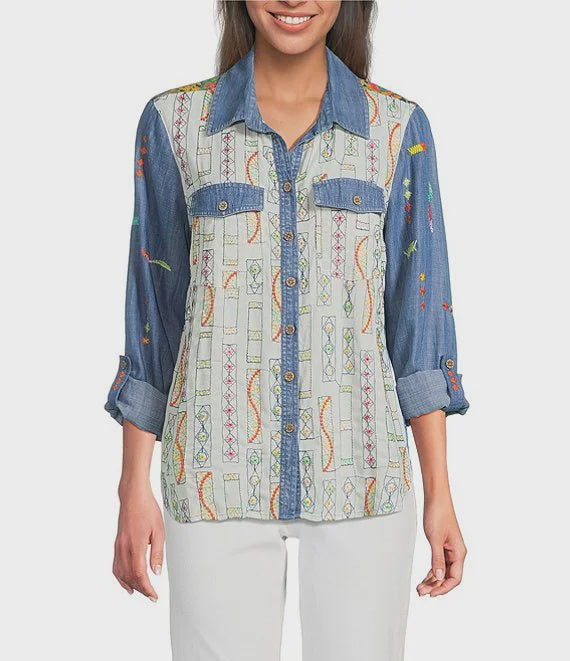 Embroidered Button Front Top