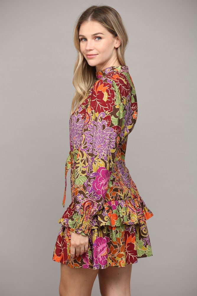 Floral Print Belted Waist Ruffle Dress