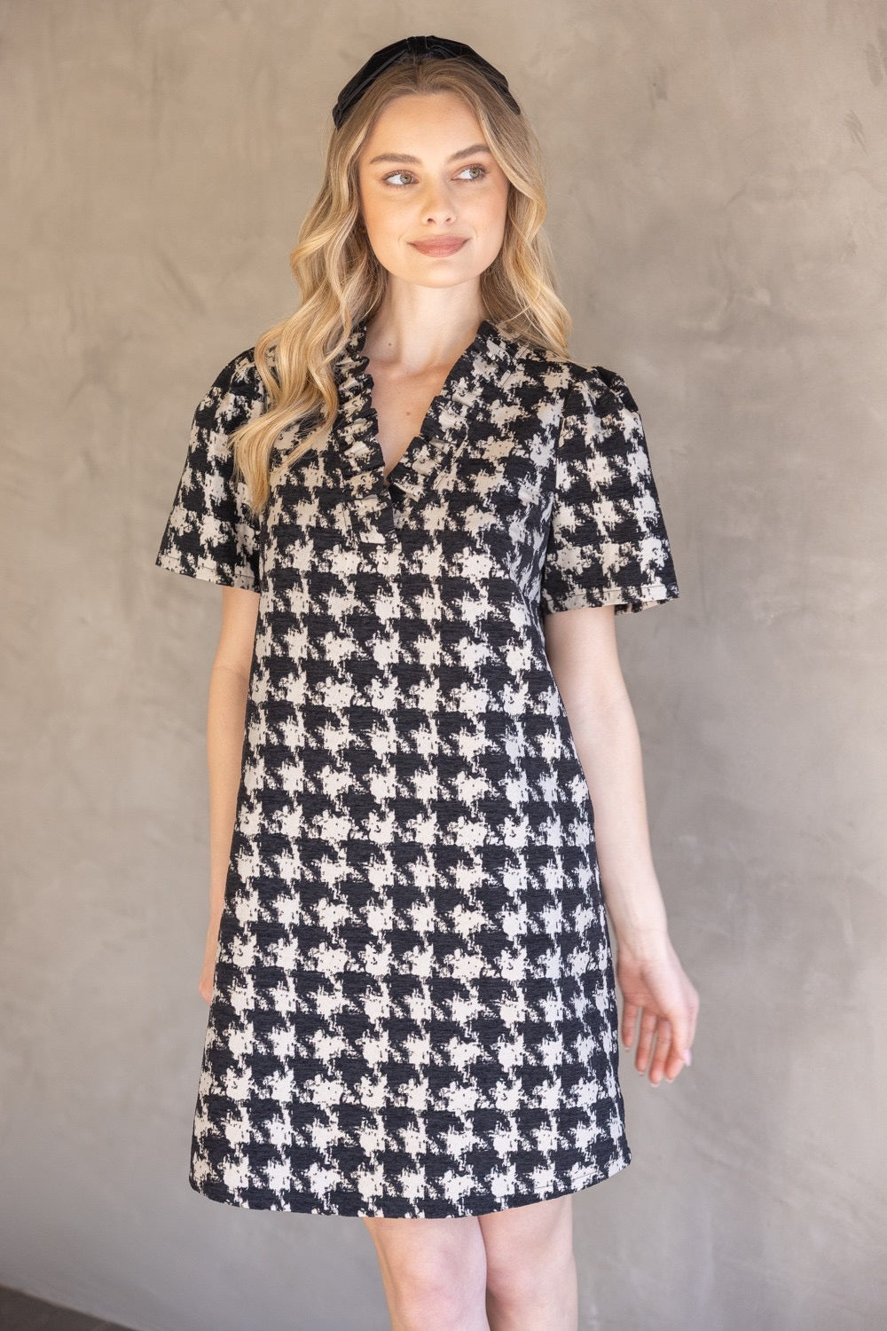 Houndstooth Velvet Ruffle Dress