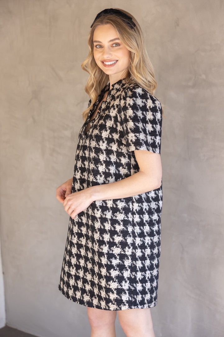 Houndstooth Velvet Ruffle Dress