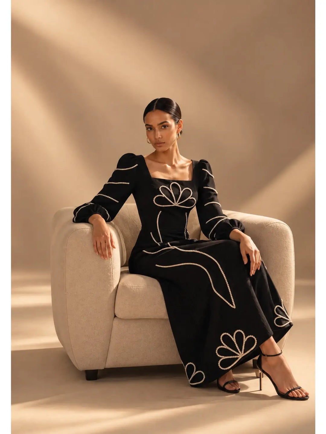 Embroidery Square Neck Puff Slv Dress