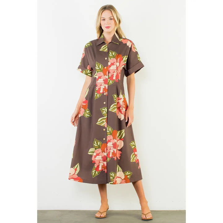 Long Flower Dress With Cuff Sleeves