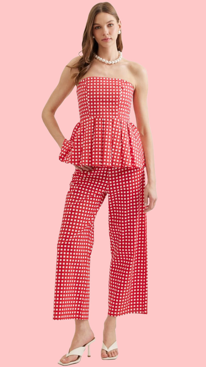 Checkered Strapless Peplum Top