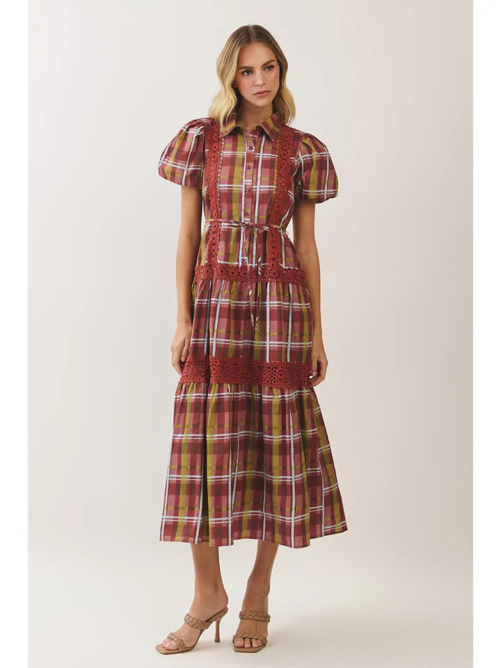 Plaid Lace Trim Tiered Midi Dress