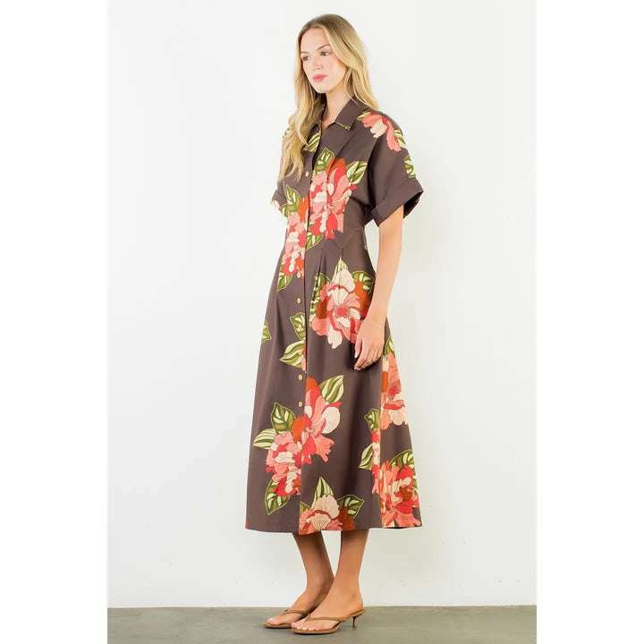Long Flower Dress With Cuff Sleeves