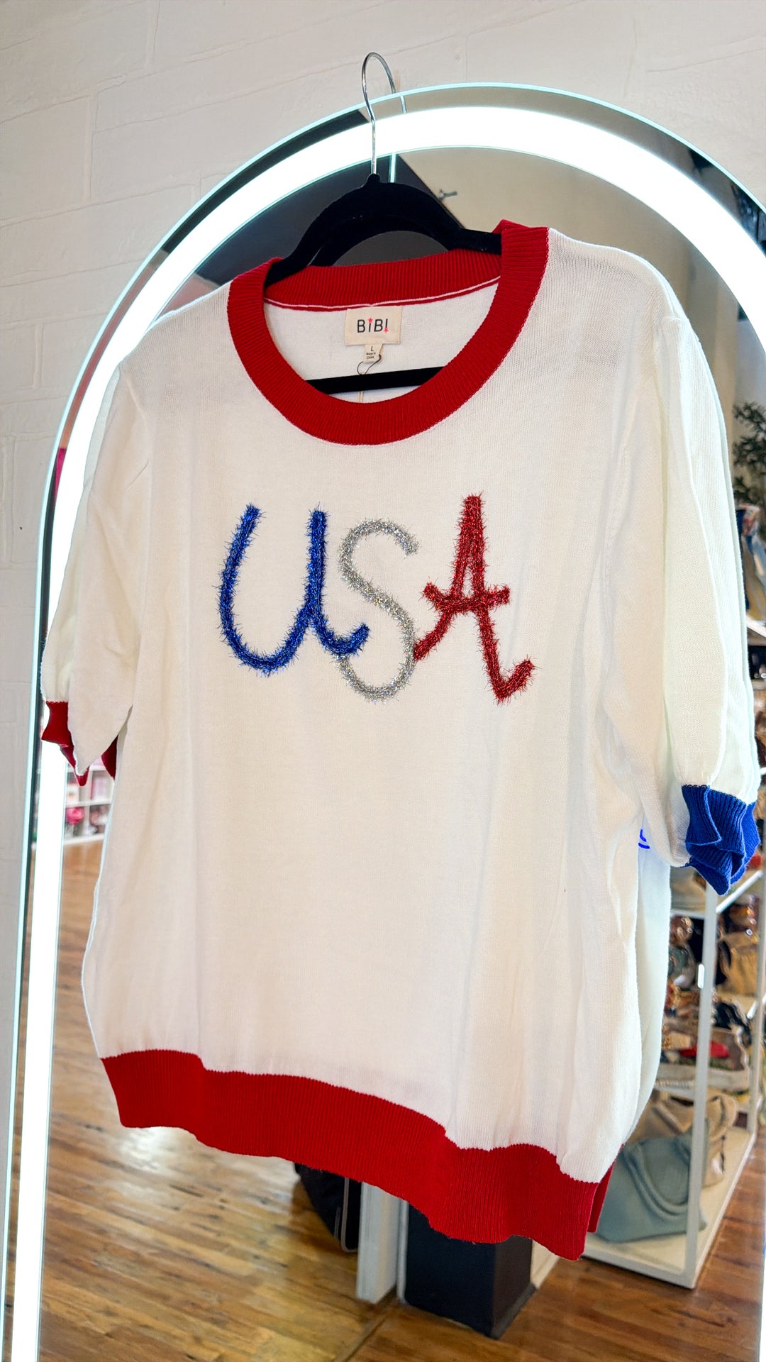 USA Metallic Letter Color Block Knit Top