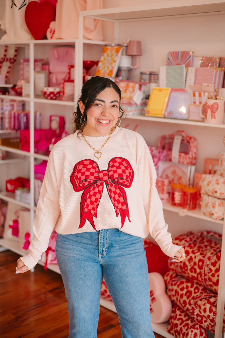 Ice Pink Waffle Bow Sweatshirt
