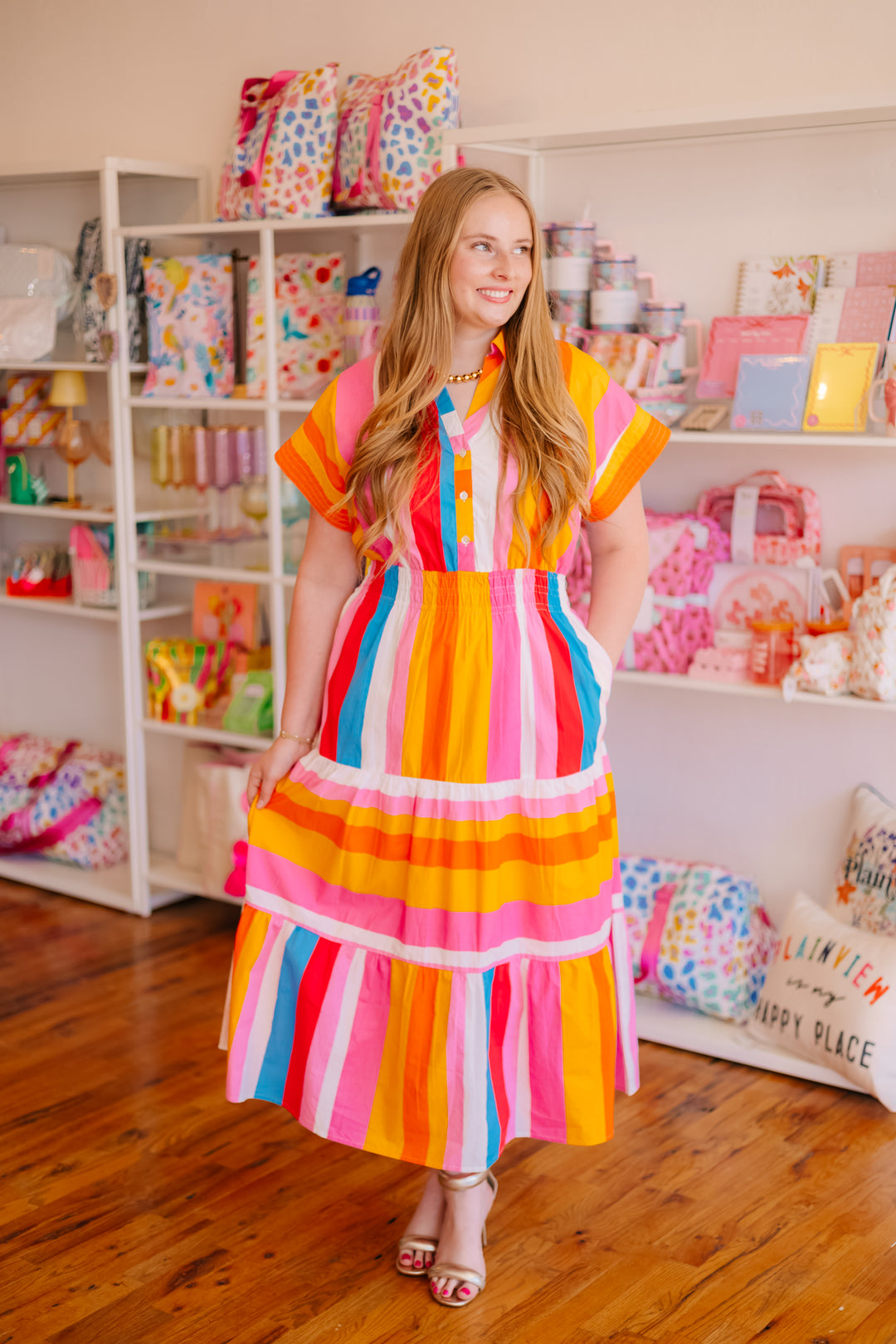 Multi Stripe Collared Midi Dress