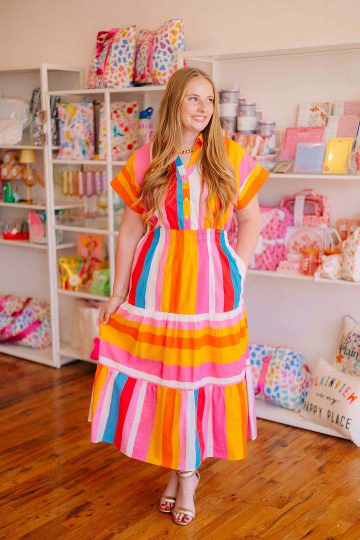 Multi Stripe Collared Midi Dress