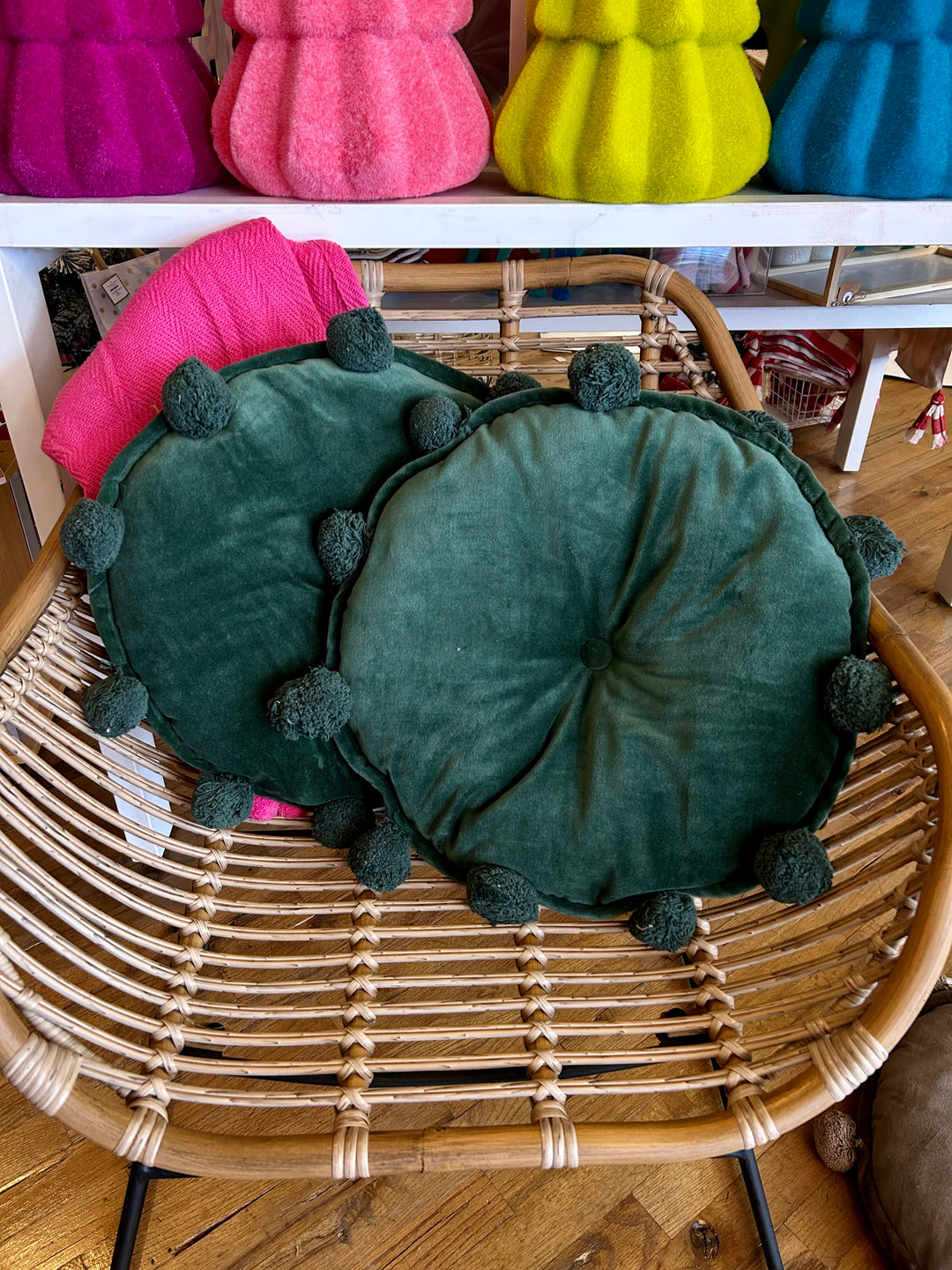 Green Round Velvet Pom Pillow