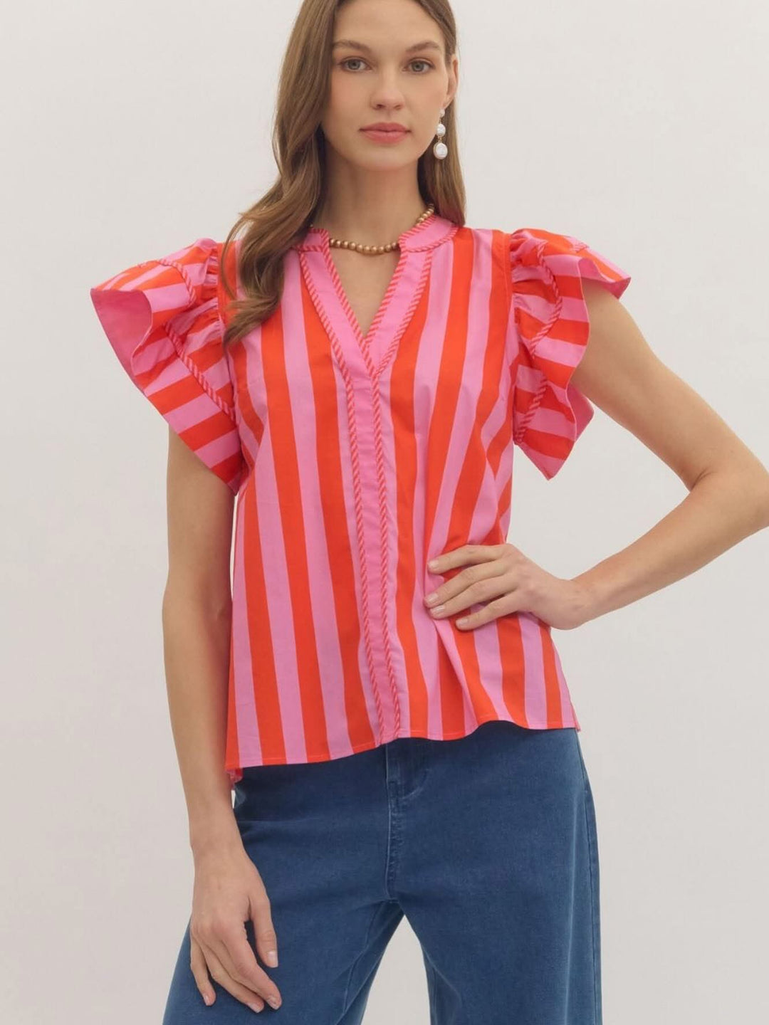 Striped Flutter Sleeve Top