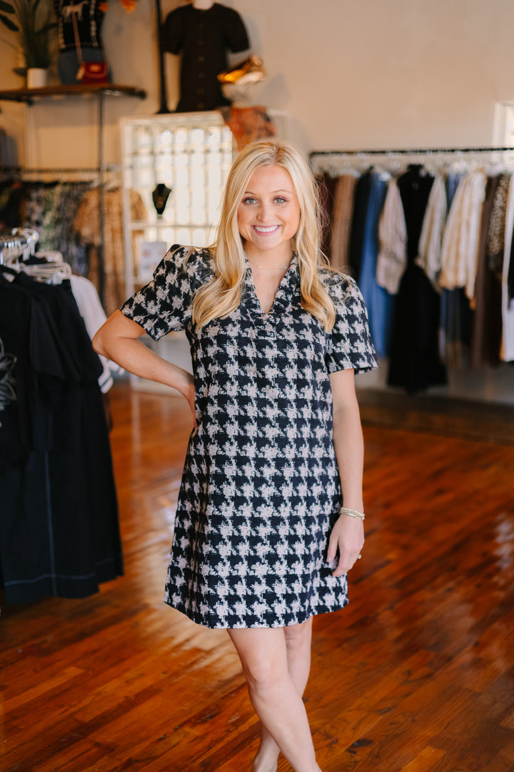 Houndstooth Velvet Ruffle Dress