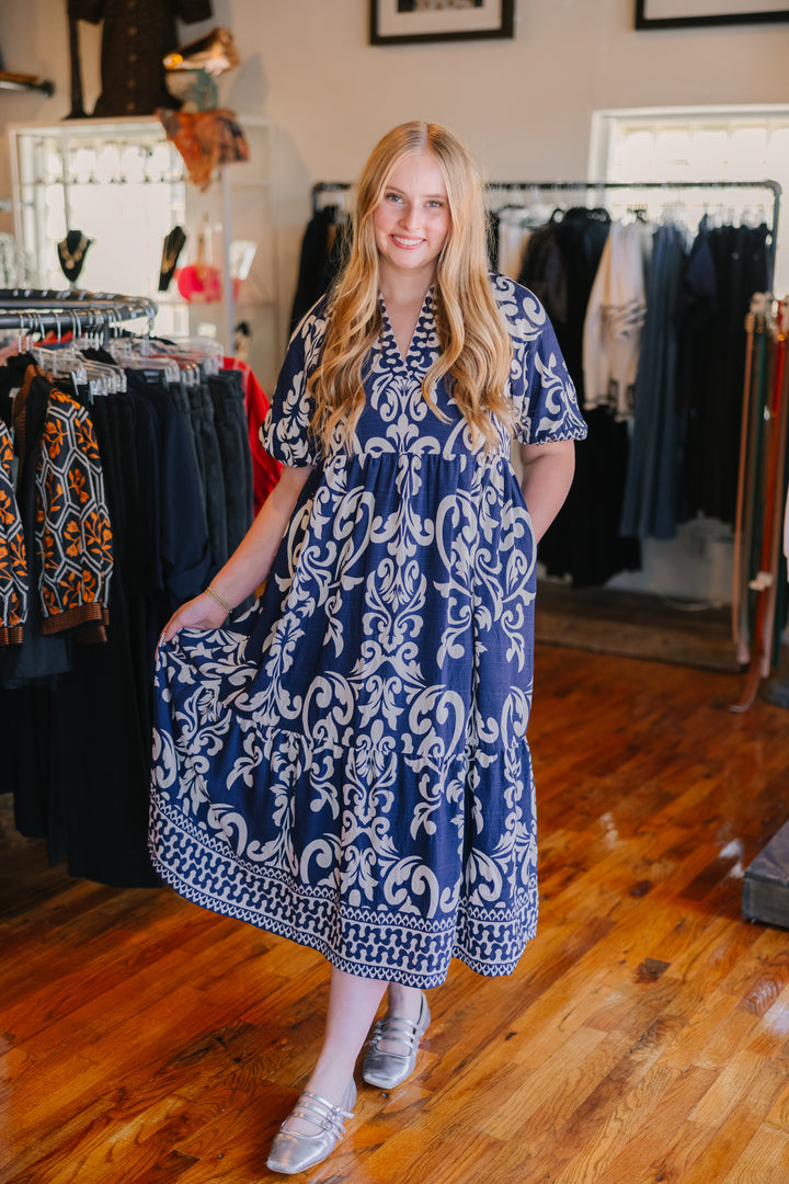 Puff Sleeve Print Midi Dress