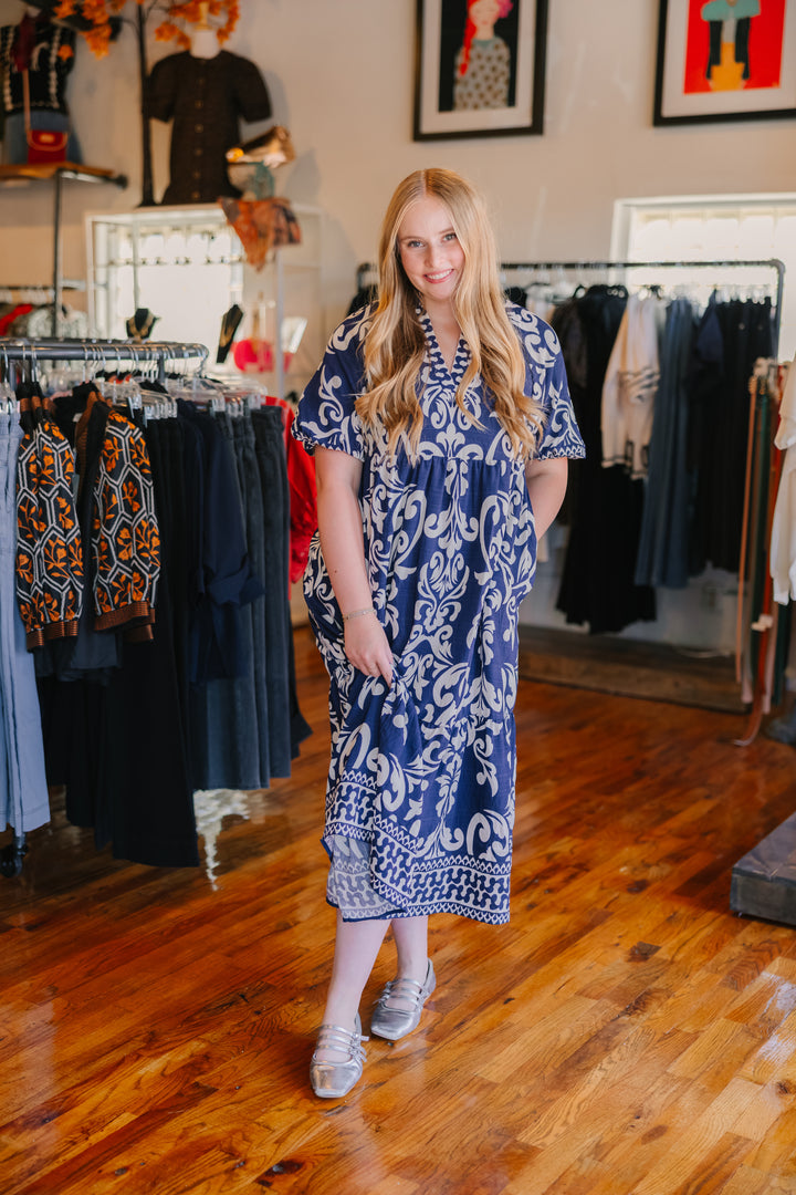 Puff Sleeve Print Midi Dress