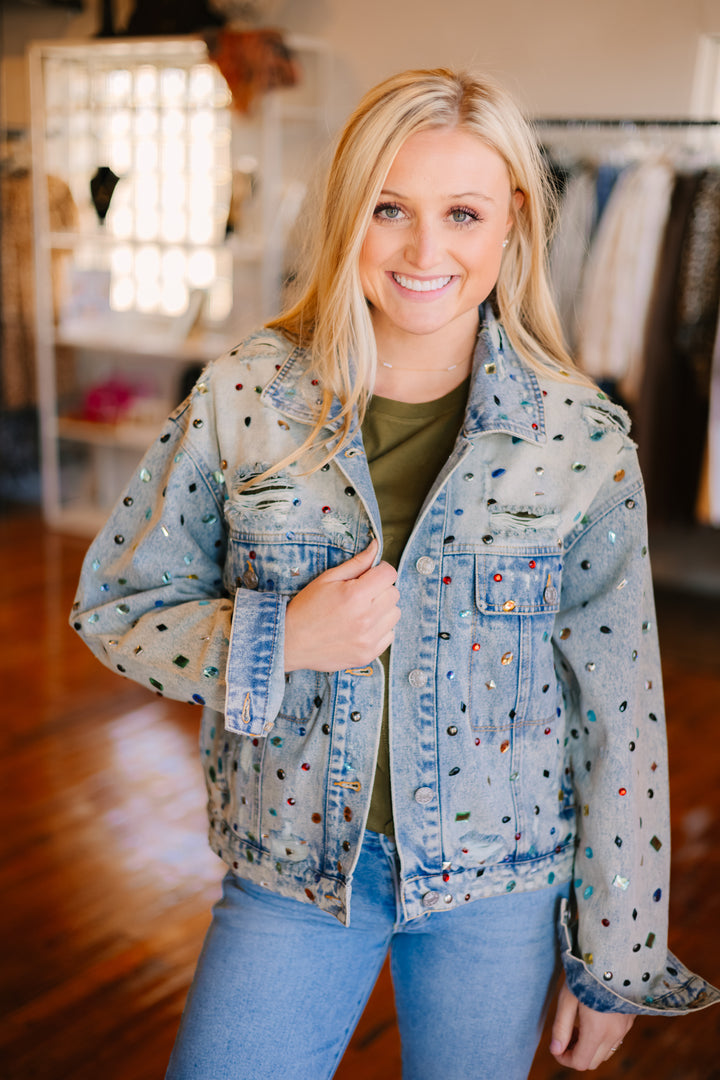Distressed Jewel Denim Jacket