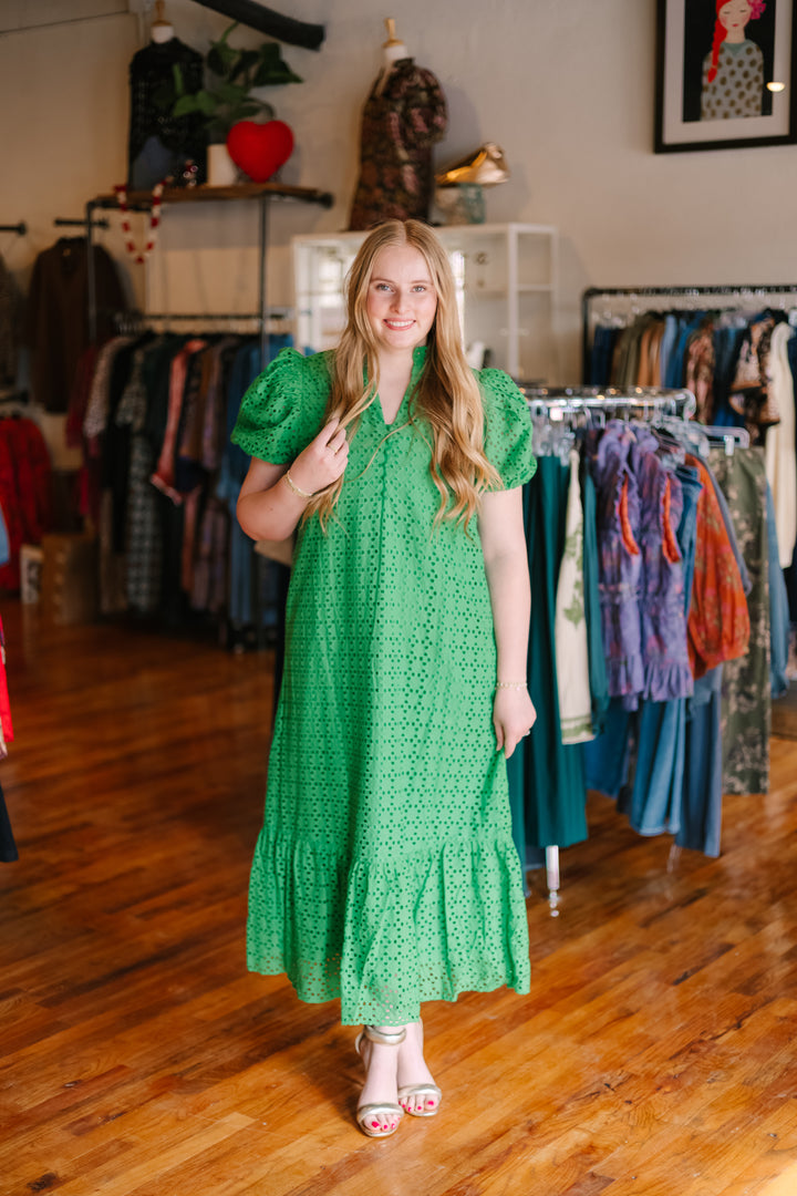 ENT D29377 Eyelet Short Sleeve Midi Dress