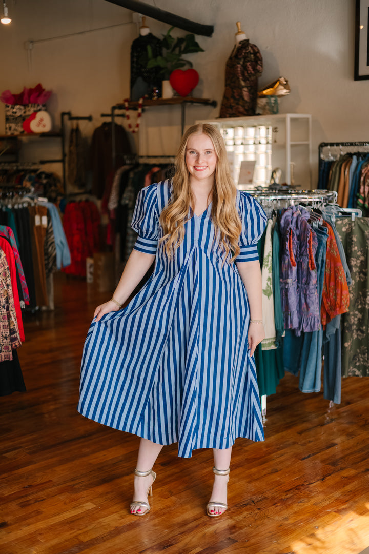 Striped V-Neck Midi Dress