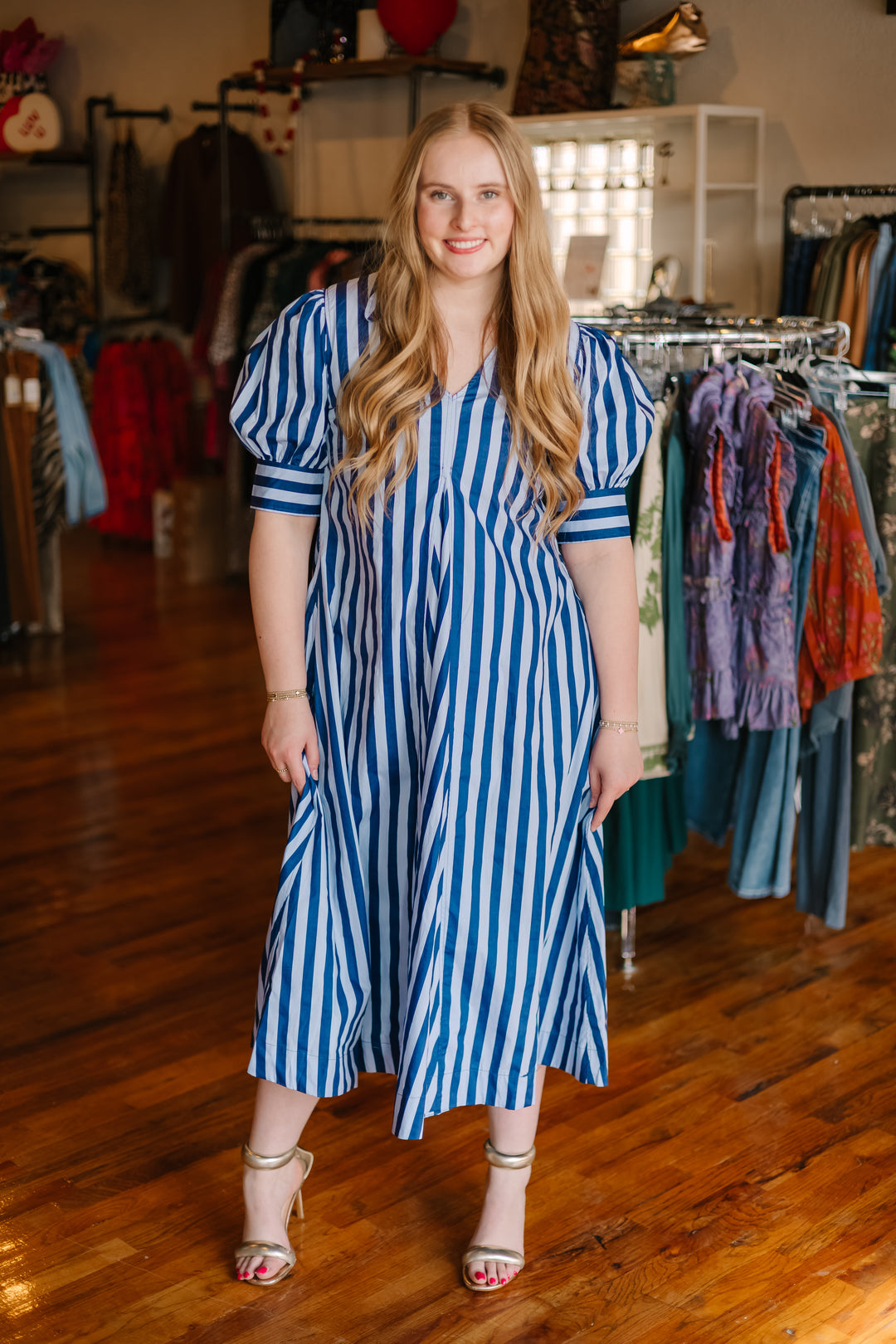 Striped V-Neck Midi Dress