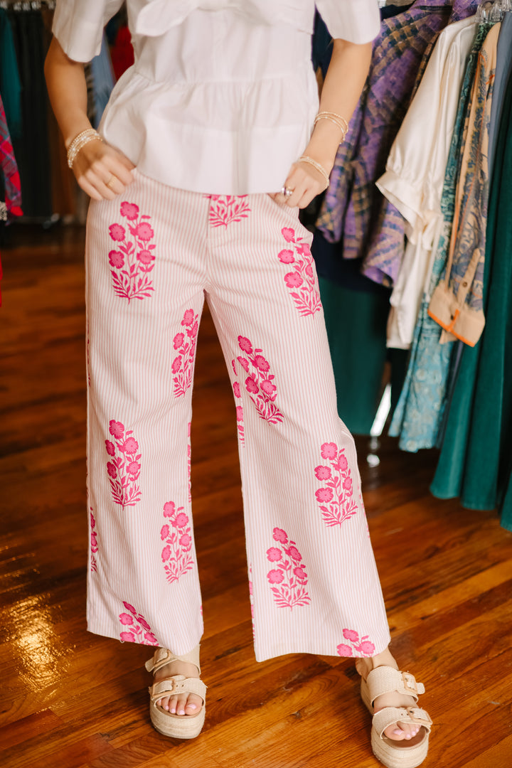 Striped Floral Wide Leg Pant