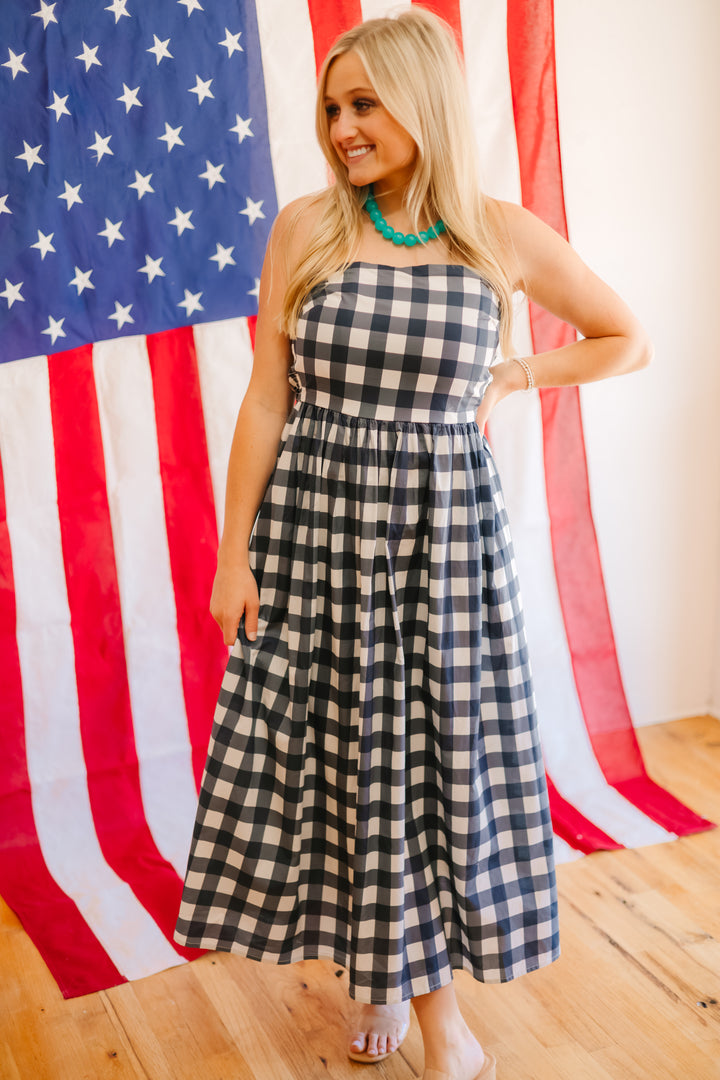 Gingham Strapless Midi Dress