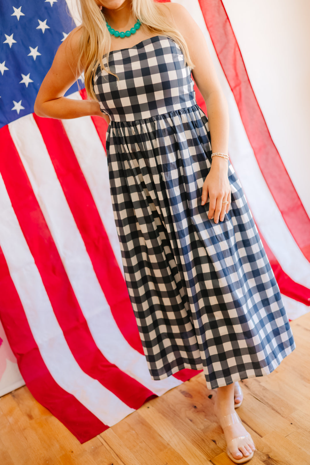 Gingham Strapless Midi Dress