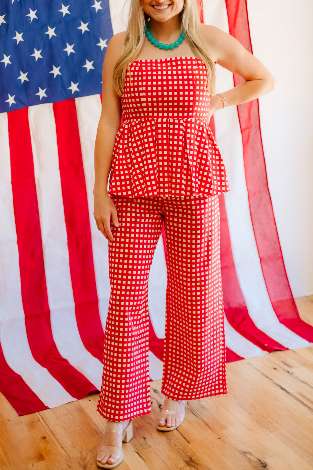 Checkered Strapless Peplum Top