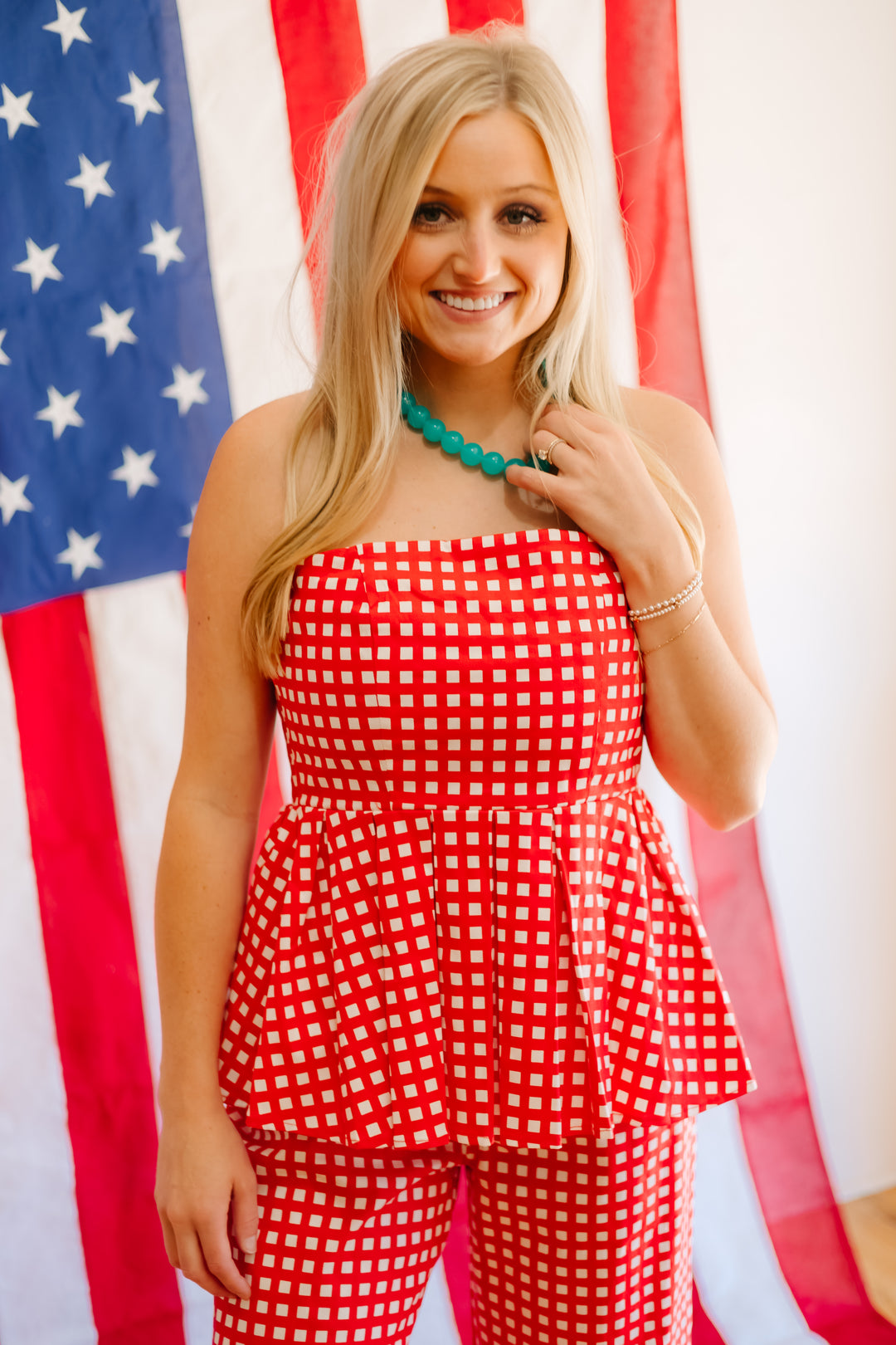Checkered Strapless Peplum Top