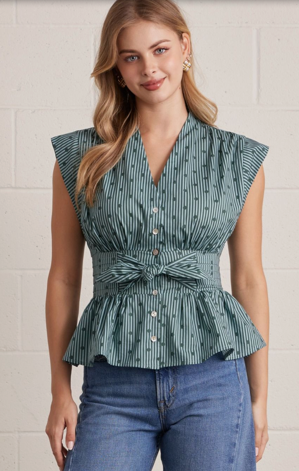 Stripe Polka Dot Smocked Waist Top
