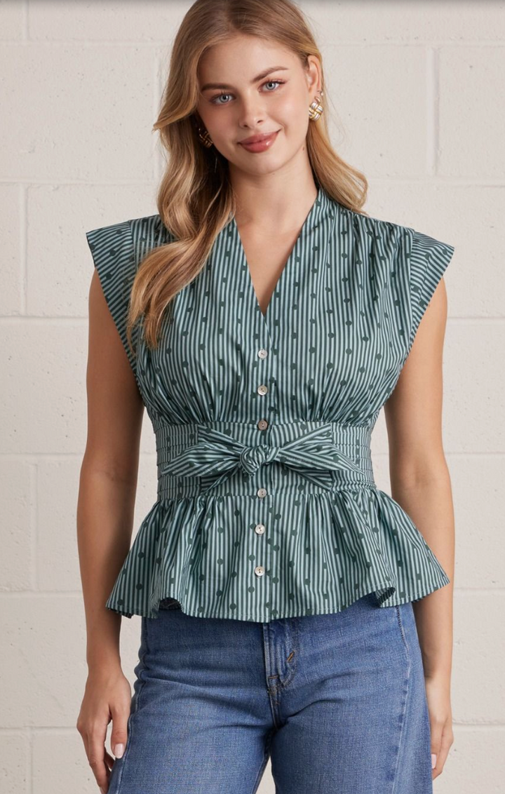 Stripe Polka Dot Smocked Waist Top