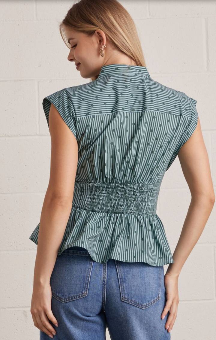 Stripe Polka Dot Smocked Waist Top