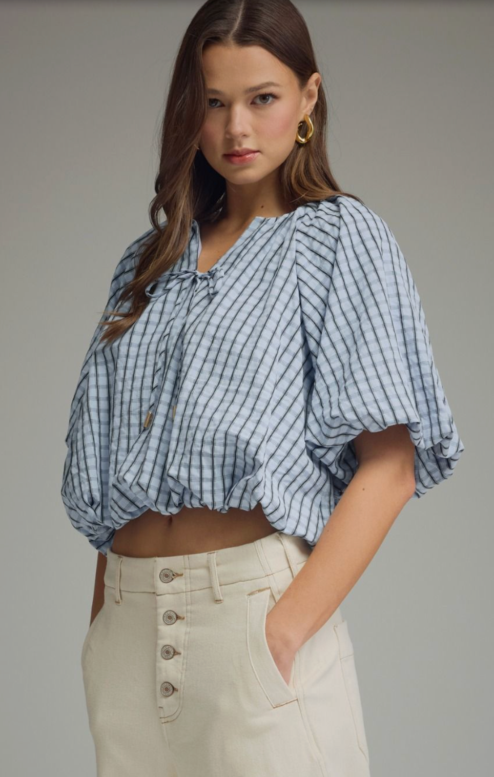 Plaid Bubble Waist Tie Top
