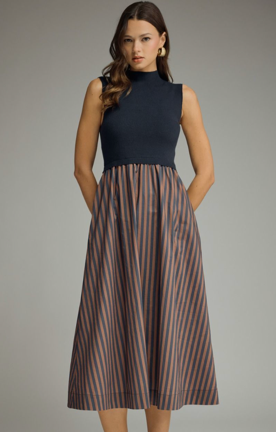 Solid Mock Neck Midi Dress