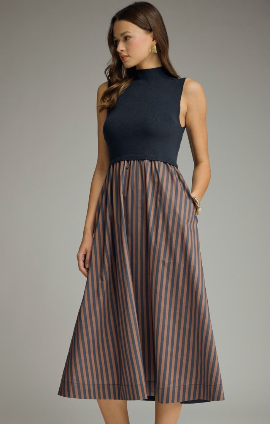 Solid Mock Neck Midi Dress