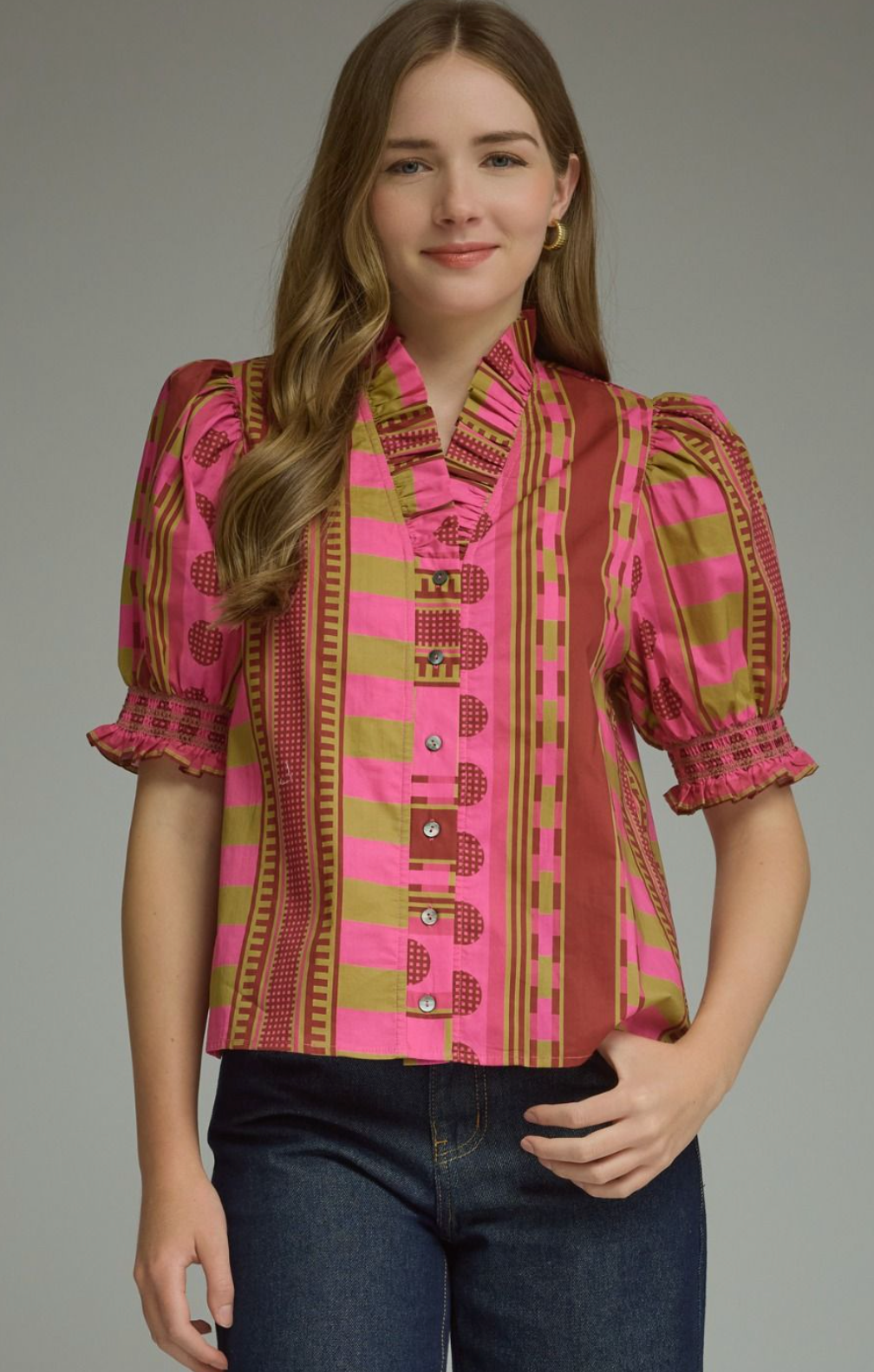 Mixed print short puff sleeve top