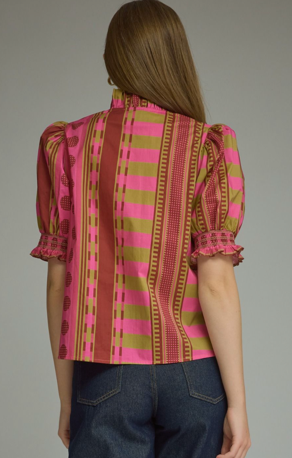 Mixed print short puff sleeve top