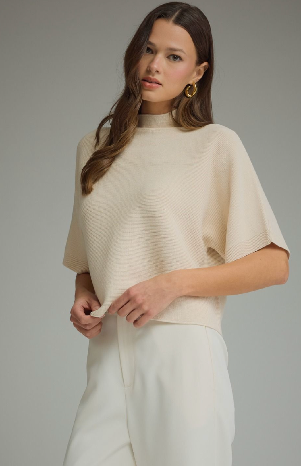 Solid mock neck short sleeve sweater