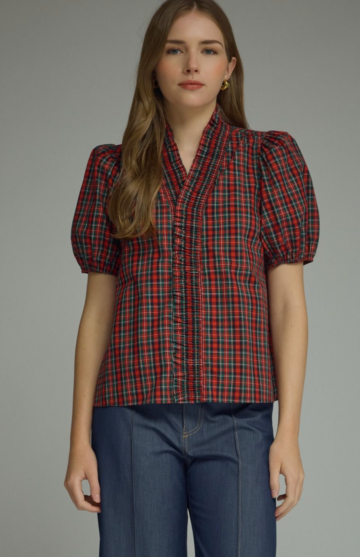 Plaid Puff Sleeve Top