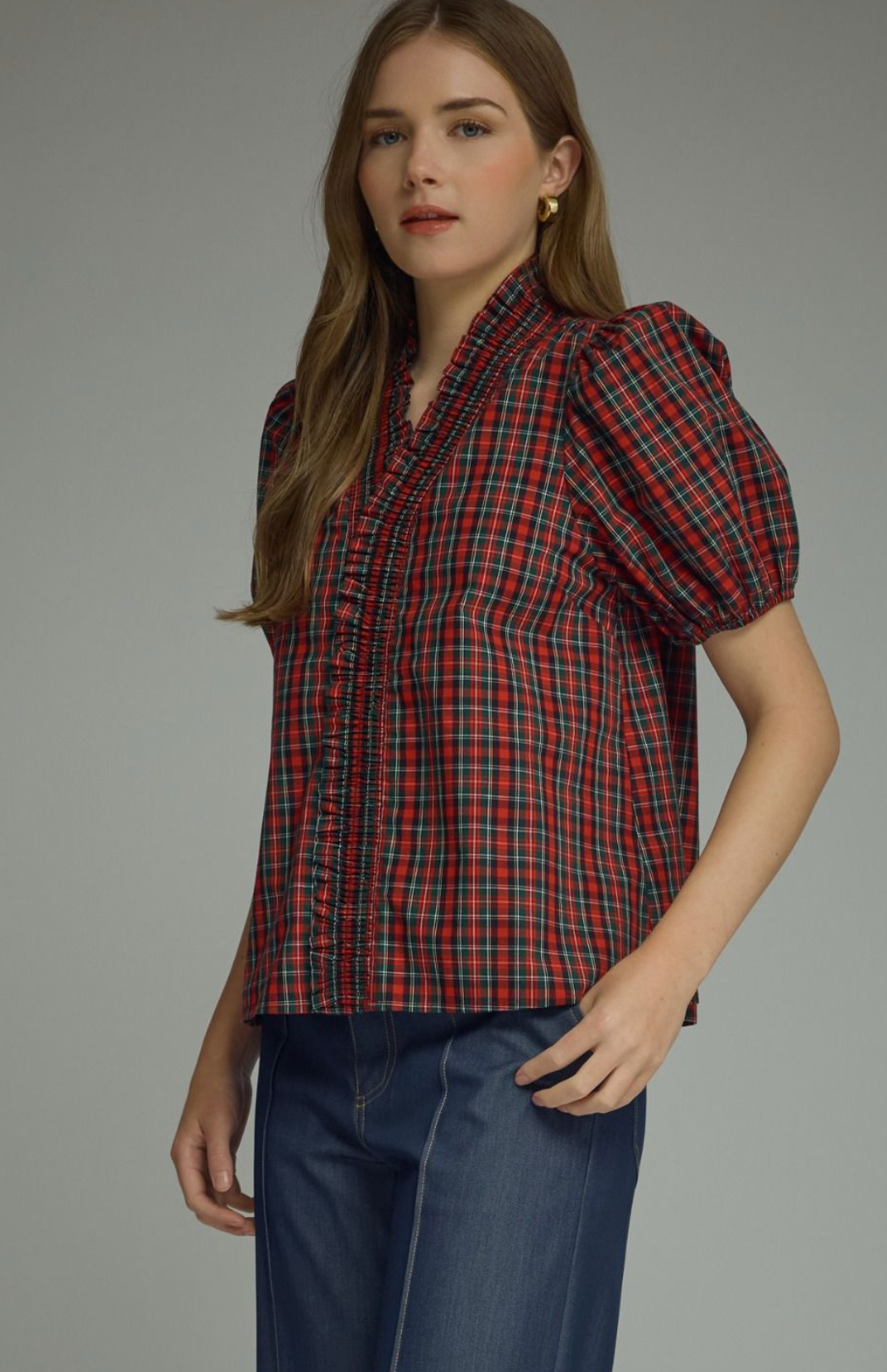 Plaid Puff Sleeve Top