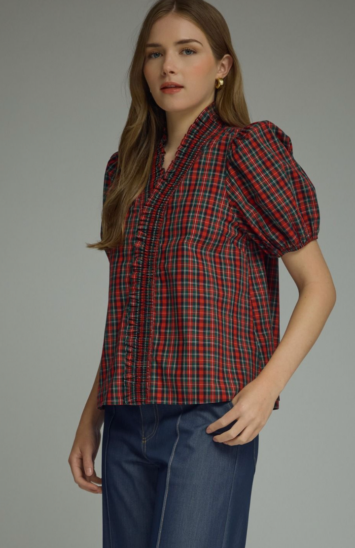 Plaid Puff Sleeve Top