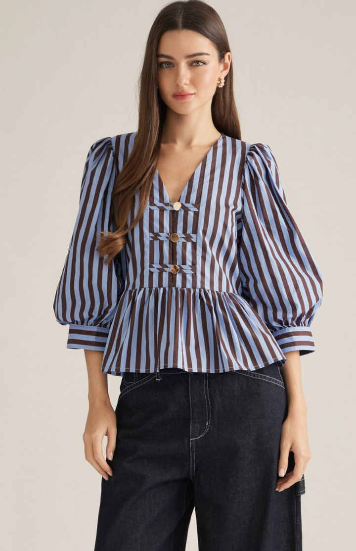 Stripe 3/4 Sleeve Peplum Hem Top