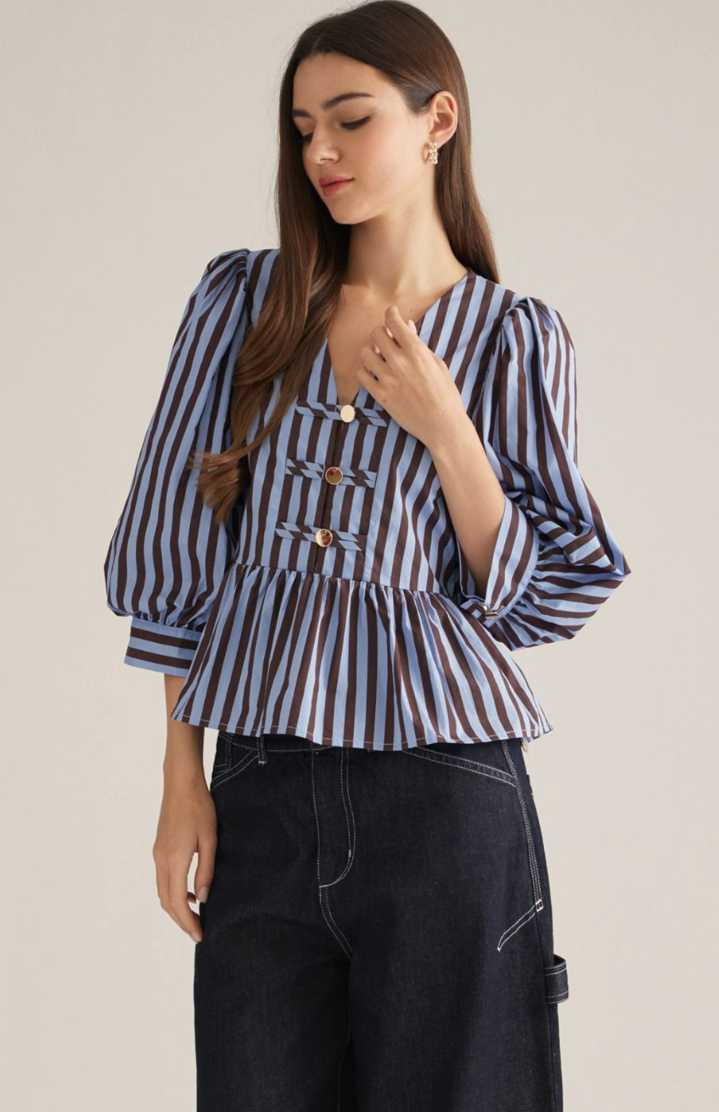 Stripe 3/4 Sleeve Peplum Hem Top