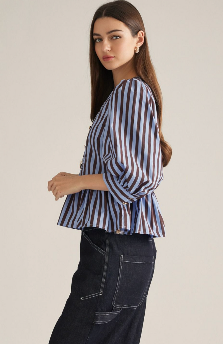 Stripe 3/4 Sleeve Peplum Hem Top
