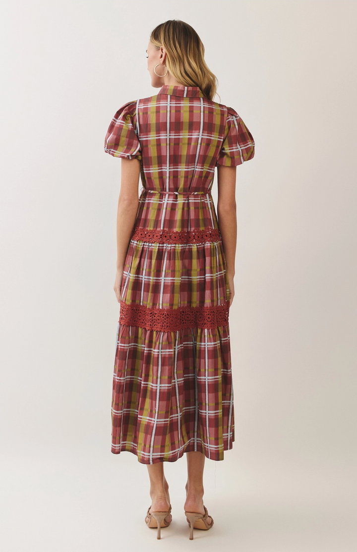Plaid Lace Trim Tiered Midi Dress