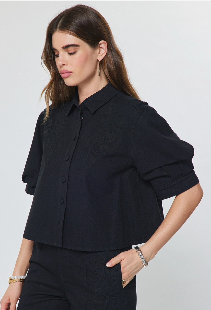 Embroidered Button Front Cropped Jacket