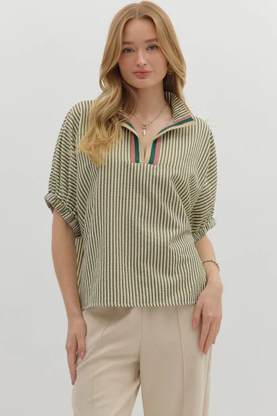T25970 Stripe Elastic SLV Multicolor Top